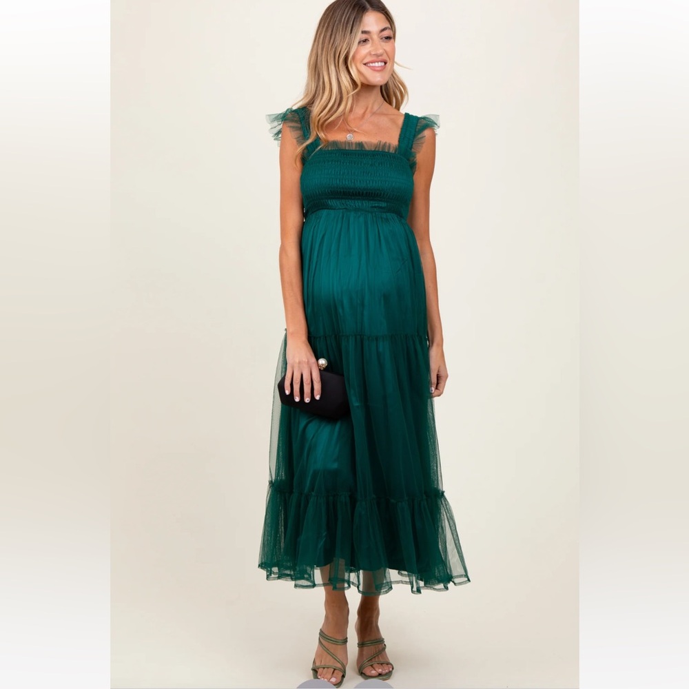 Green Mesh Overlay Smocked Maternity Midi Dress | Pink Blush Maternity